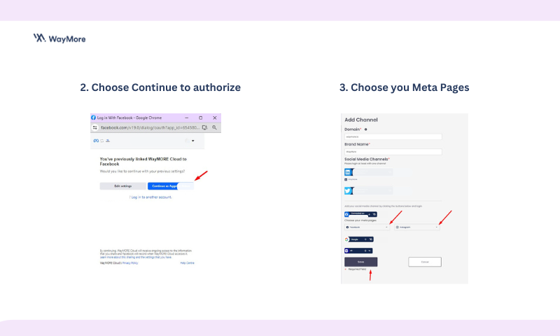 WayMore Social Media Planner authorization page and meta pages add.
