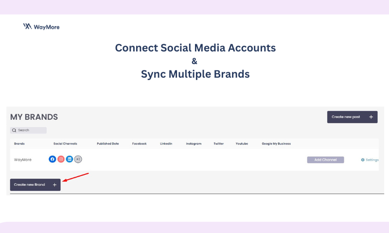 WayMore Social Media Planner setup page to create your brand.