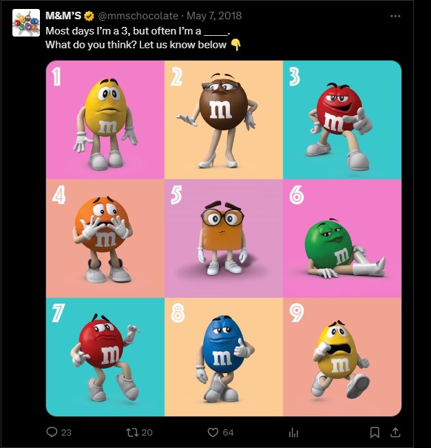 Unique social media post example: A screenshot of an interactive quiz post by M&Ms on Twitter.