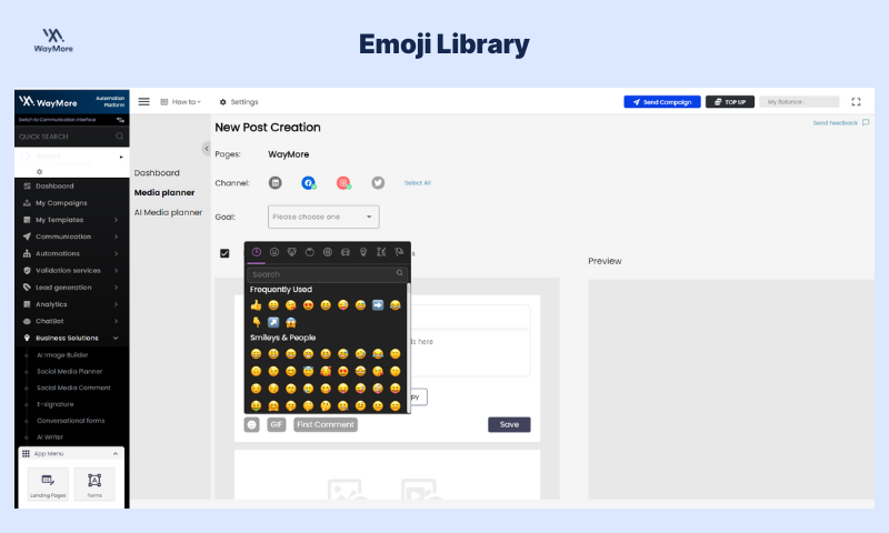 Screenshot of WayMore Social Media Management. Interface displays a calendar with an emoji library pop-up open, showcasing a variety of emojis.