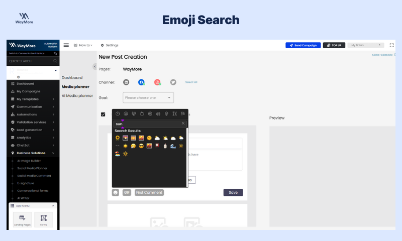 Screenshot of WayMore Social Media Planner. Interface displays a calendar with an emoji library pop-up open, featuring a search bar for finding emojis.