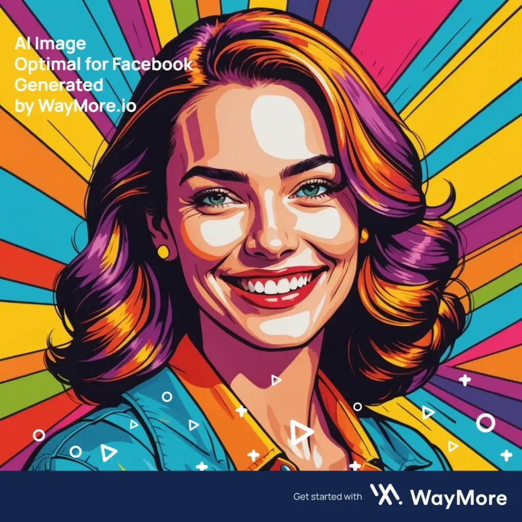 Example of an AI-generated pop art portrait by Waymore.io (Facebook-friendly): A vibrant pop art portrait featuring a smiling woman with bold outlines and a colorful background. This eye-catching image is perfect for grabbing attention on Facebook.