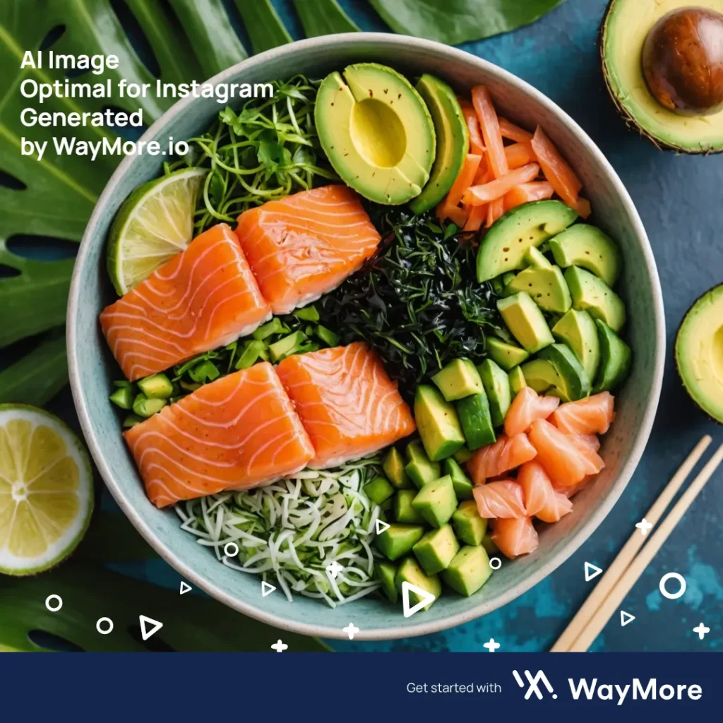 This captivating image, generated by Waymore.io's AI technology, showcases a delicious poke bowl filled with fresh salmon, avocado, cucumber, and seaweed salad. Nestled amongst lush tropical palm leaves, this photo is perfect for social media posts promoting healthy and refreshing summer meals.