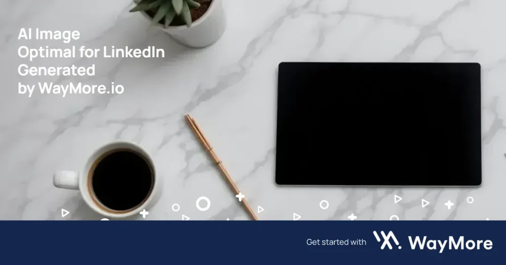 Example of an AI-generated image optimal for LinkedIn by Waymore.io: A minimalist flat lay scene showcasing a sleek tablet computer resting on a marble desk with a single cup of coffee positioned to its right.