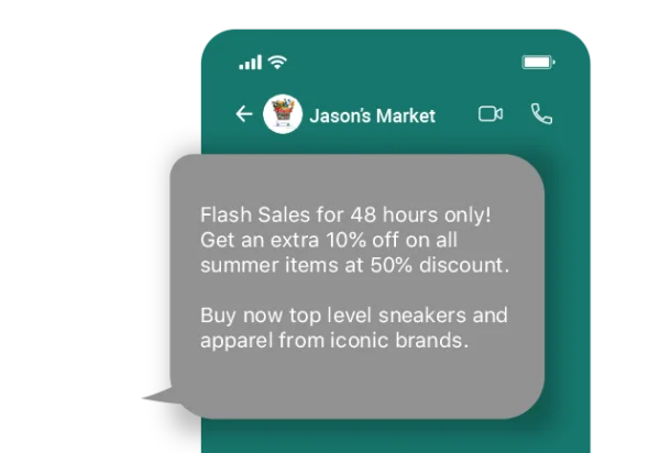 A WhatsApp broadcast message from Jason's Market advertising a flash sale with an extra 10% off on all summer items at 50% discount. This is an example of how businesses can use WhatsApp broadcasts to reach a large audience quickly and efficiently.