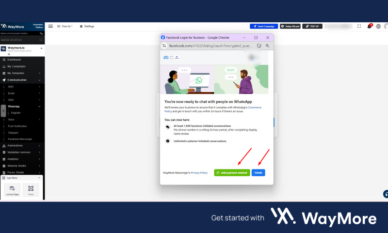 Screenshot of adding a payment method to a WhatsApp Business account via go.waymore.io, captured by WayMore.io.