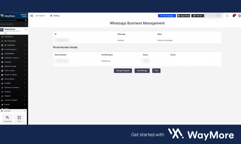Screenshot of the WayMore's WhatsApp Business Manager interface on go.waymore.io