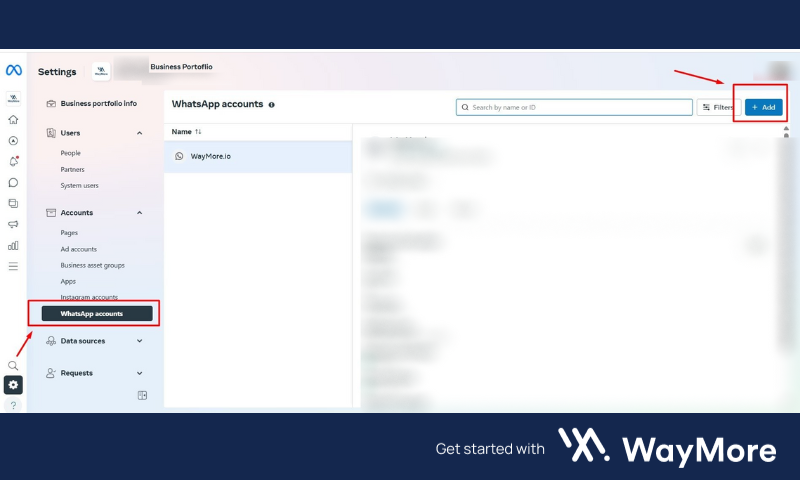 Screenshot of Meta Business Suite on where is the WhatsApp Account in Settings and how can I add a phone number