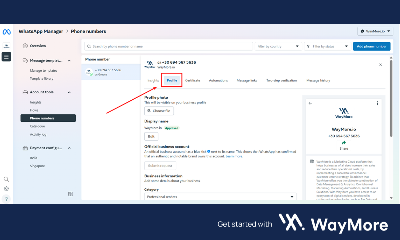 Screenshot of WhatsApp Manager in Meta Business Suite showing phone number and profile settings, captured by WayMore.io.
